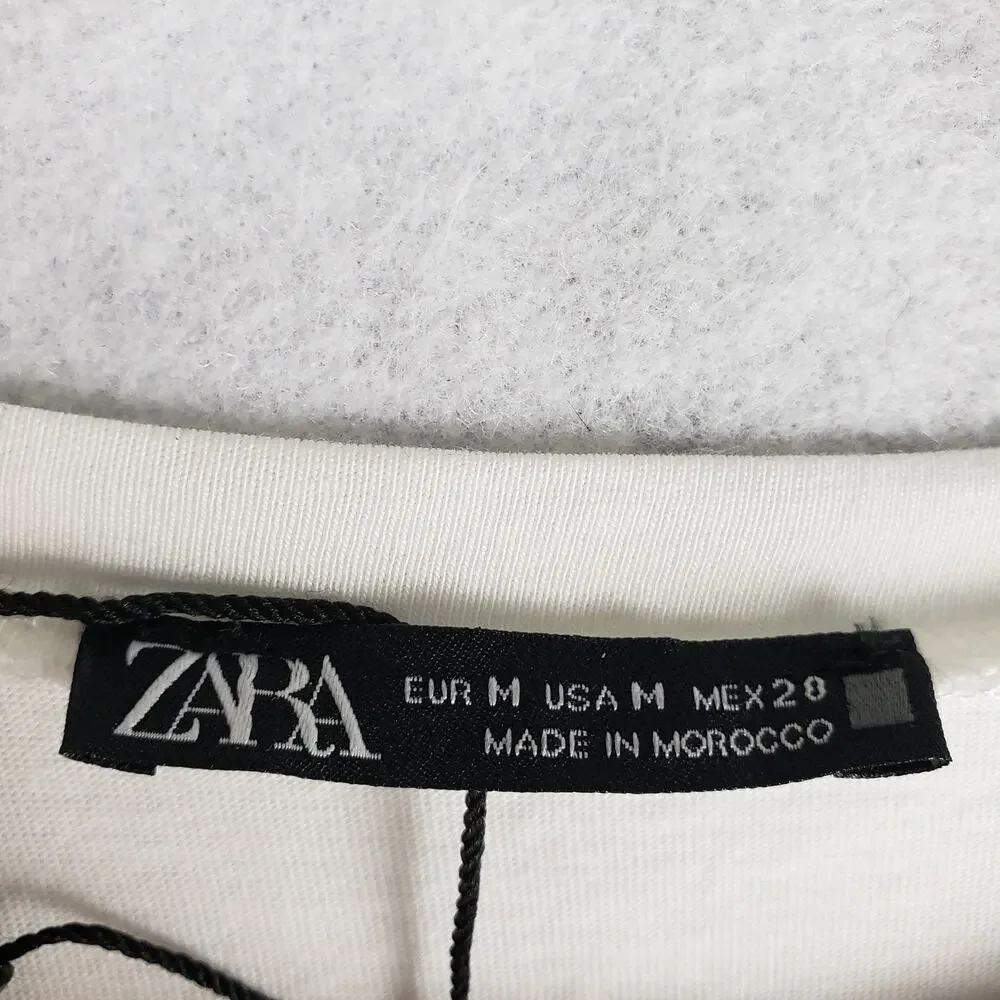 Zara Women's M Long Puff Sleeve Banded Blouse White Coastal Contemporary New‎